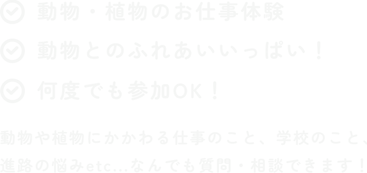 動物・植物のお仕事体験｜動物とのふれあいいっぱい！何度でも参加OK！動物や植物にかかわる仕事のこと、学校のこと、進路の悩みetc...なんでも質問・相談できます！