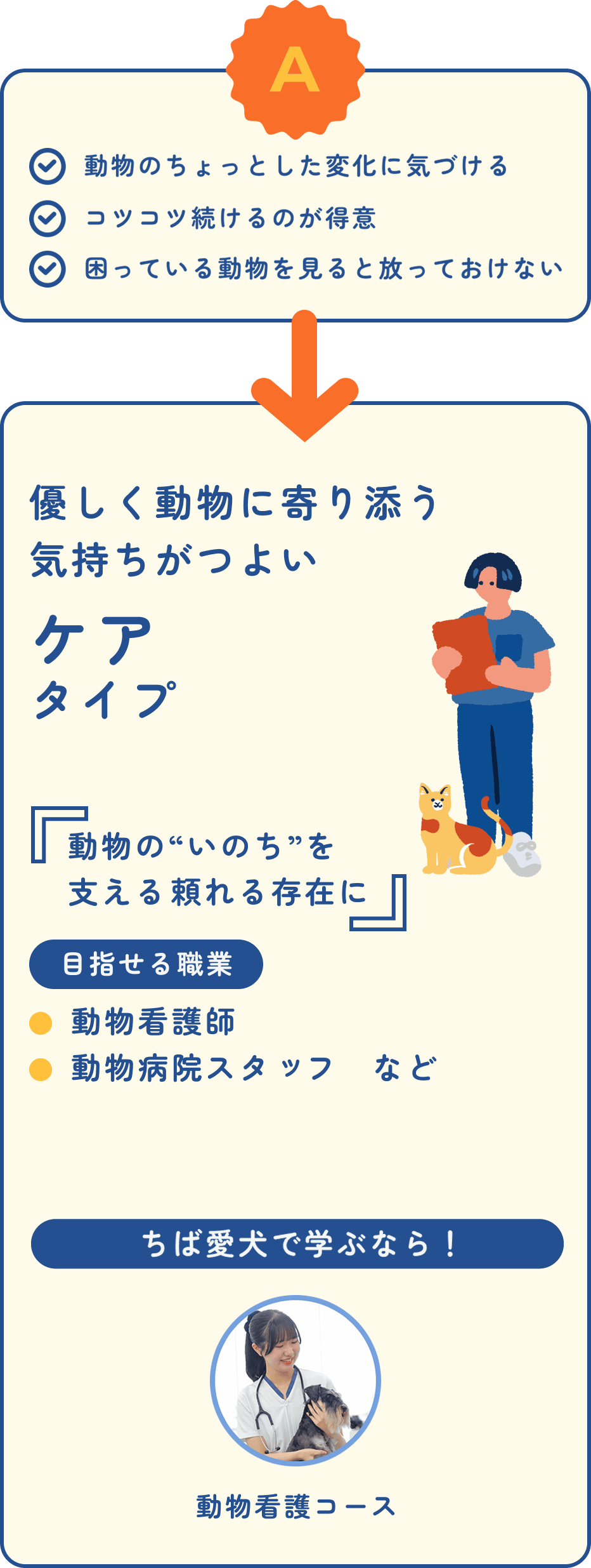 A｜優しく動物に寄り添う気持ちがつよい ケアタイプ｜「動物のいのちを支える頼れる存在に」
